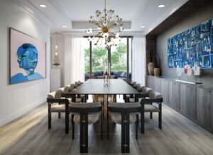 Sophisticated dining room with a long modern table, artistic light fixture, and floor-to-ceiling windows at 10 Prince Arthur Condos.