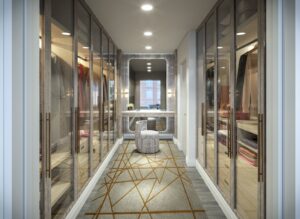 Contemporary walk-in closet with full-height glass wardrobes and a central vanity at 10 Prince Arthur Condos.