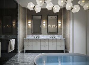 Luxury modern bathroom with a freestanding tub, double vanity, and glass-enclosed shower at 10 Prince Arthur Condos.